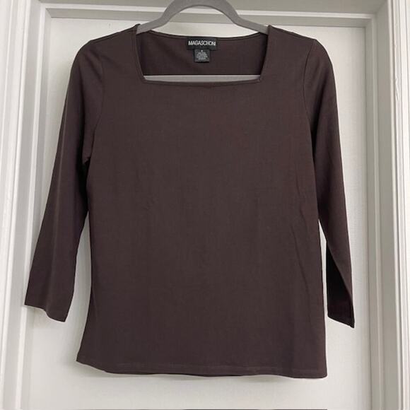 Magaschoni Square Neck Silk 3/4 Sleeve Blouse Brown Casual Minimalist Basic Sz S - Picture 1 of 5